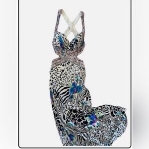 La Femme Black and White Animal Print Satin Gown with Blue & Pink Floral Accents